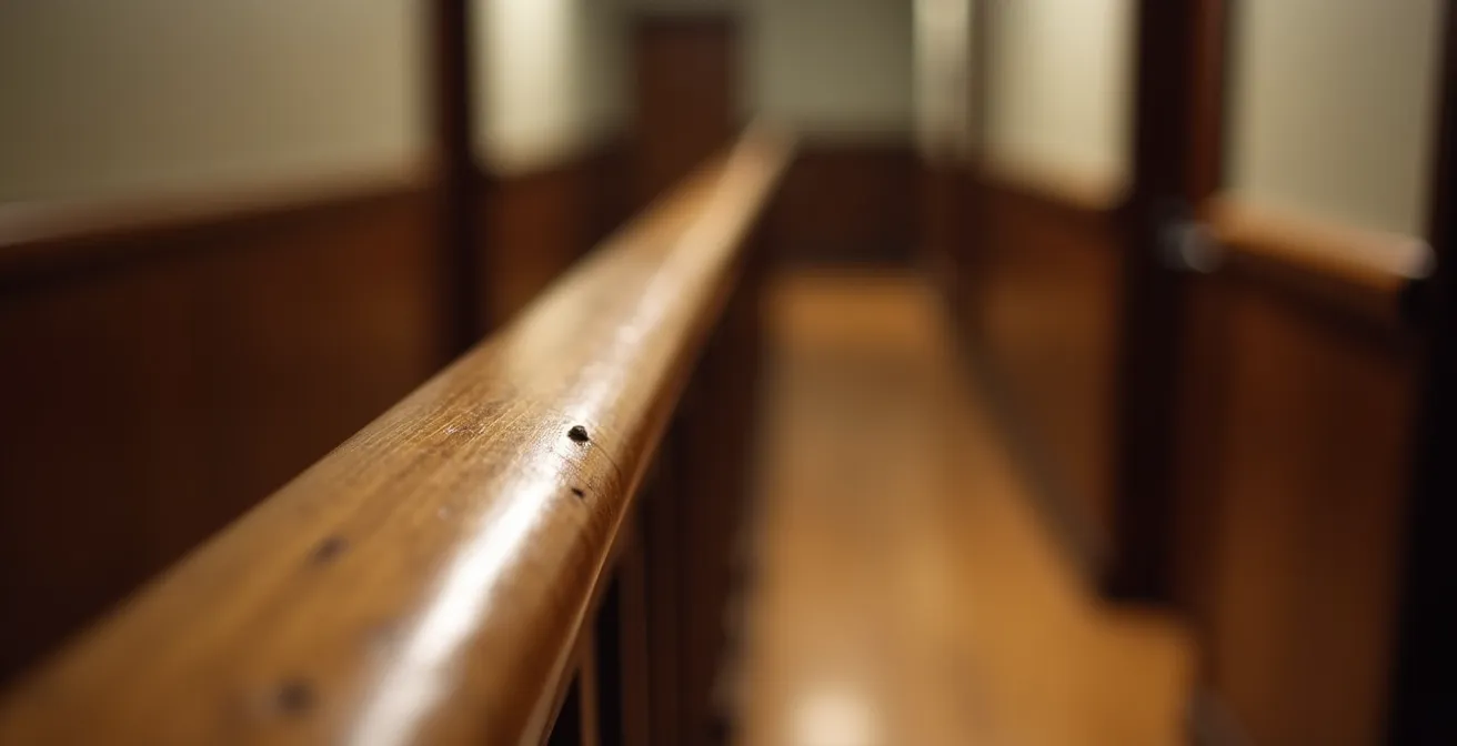 Détail macro d'une main courante en bois avec texture visible