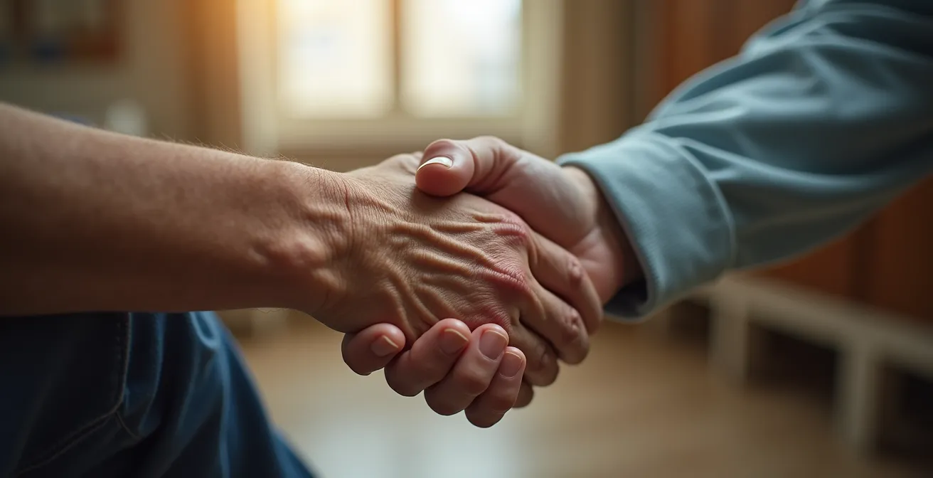 Gros plan sur une poignée de main entre un senior et un soignant
