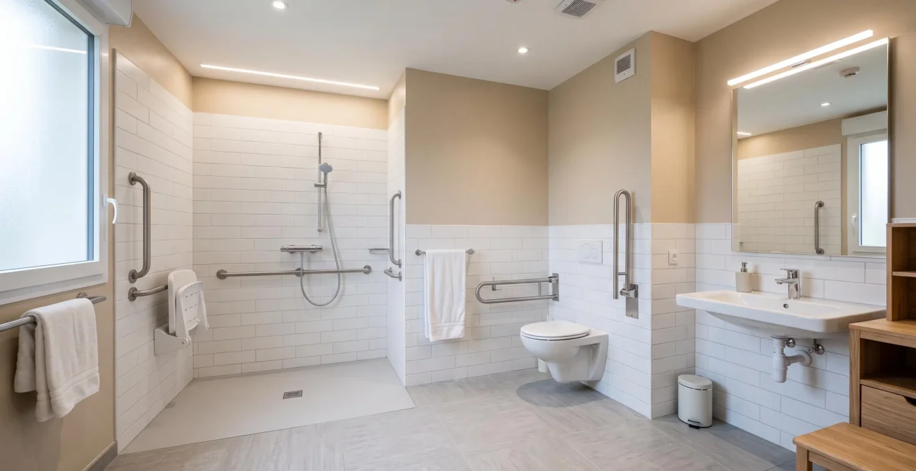 Salle de bains moderne adaptée avec douche à l'italienne de plain-pied, barres d'appui murales chromées et siège de douche ergonomique, éclairage optimal