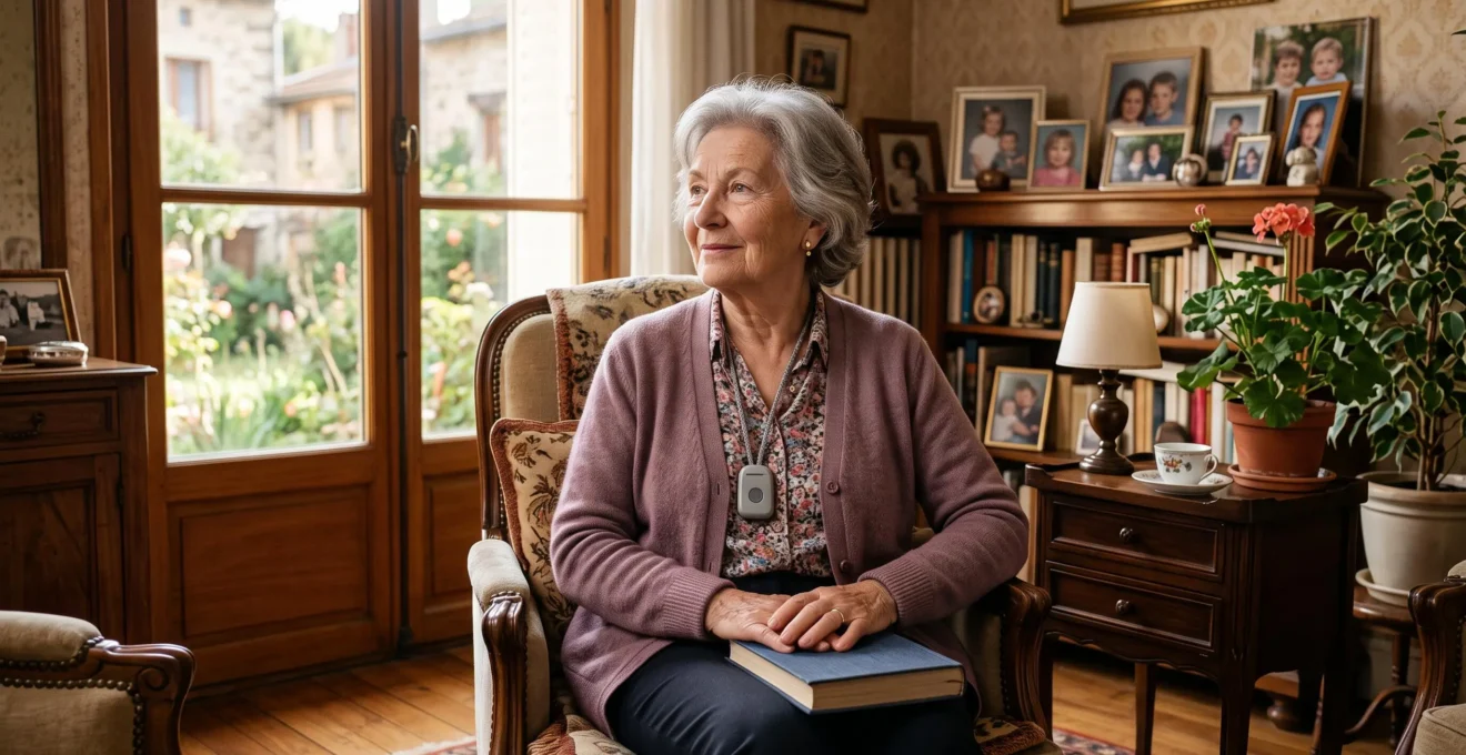 Une femme âgée sereine assise dans le salon spacieux de sa maison, portant un dispositif de téléassistance discret, lumière naturelle chaleureuse