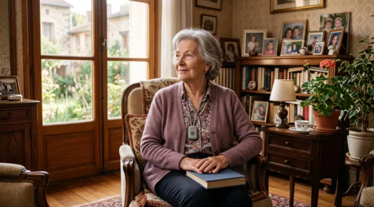 Une femme âgée sereine assise dans le salon spacieux de sa maison, portant un dispositif de téléassistance discret, lumière naturelle chaleureuse